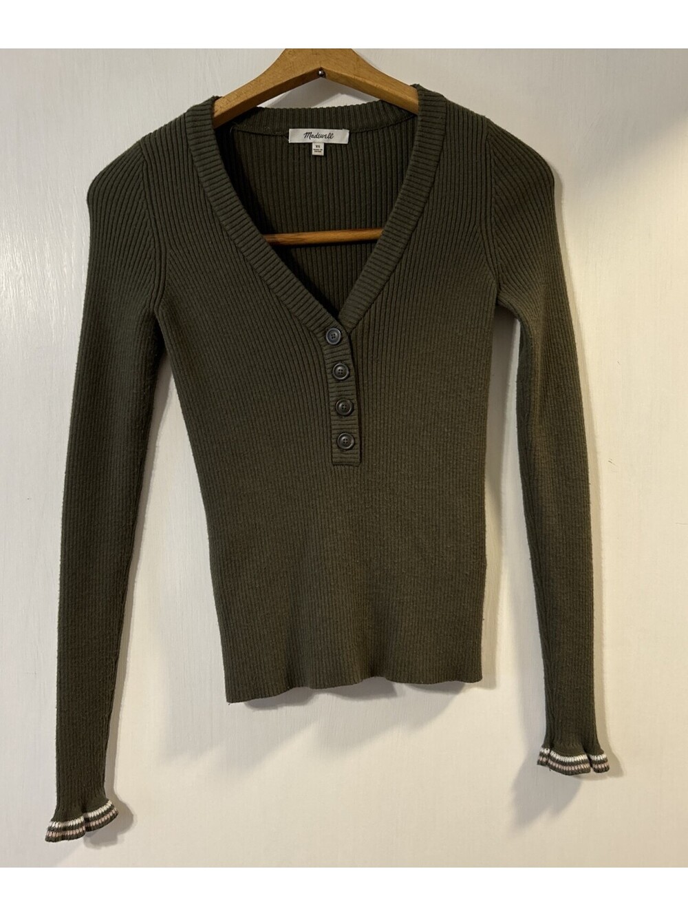 Madewell Green VNeck Ribbed Slim Fit Sweater Size XS